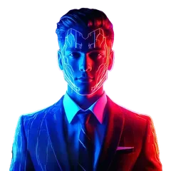 The LLM Influencer mascot, a figure in a suit lit in blue and red