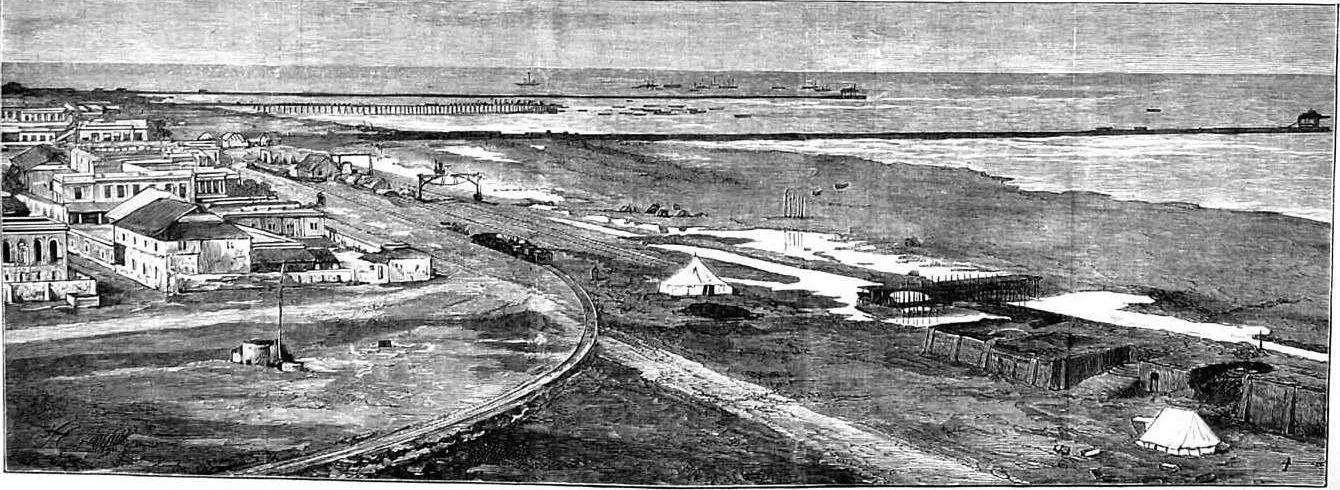 Engraving of Madras harbour under construction in 1880, with a pier, railway tracks, tents and ships offshore